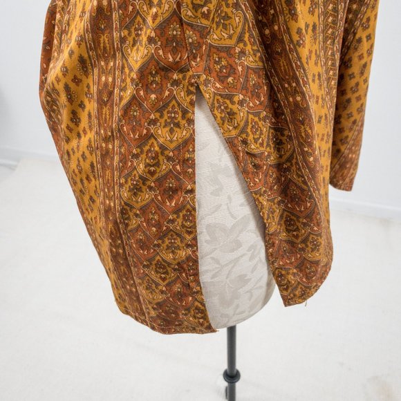 Vintage 70s M Silk Hippy Print Blouse Brown Tan - Picture 2 of 8